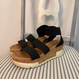 Steve Madden Black and Brown Wedge Sandals